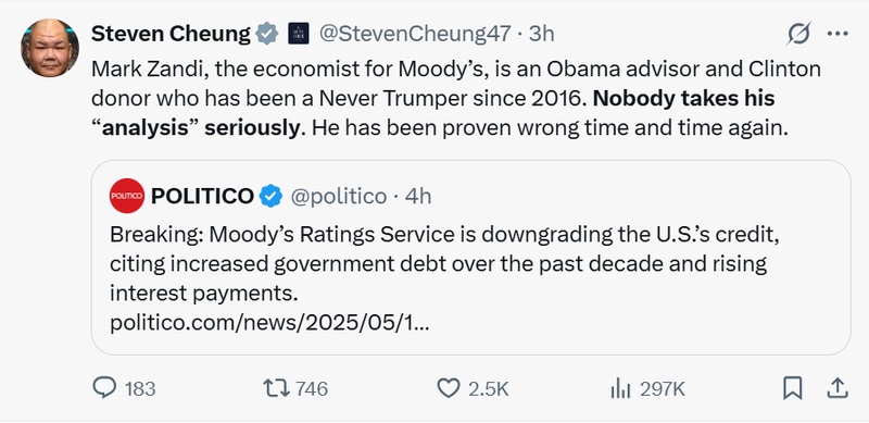 美国总统特朗普的发言人Steven Cheung在X上的一则帖子中点名批评了穆迪经济学家马克·赞迪 ...